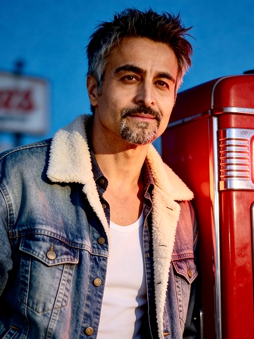 Nicholas Guilak — denim sherpa jacket, cinematic location shot