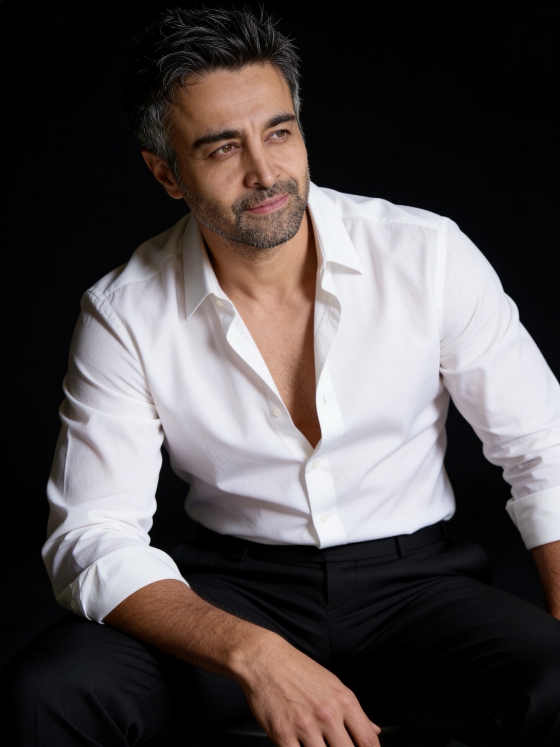 Nicholas Guilak — white shirt portrait with a silver-white goatee against a dark backdrop